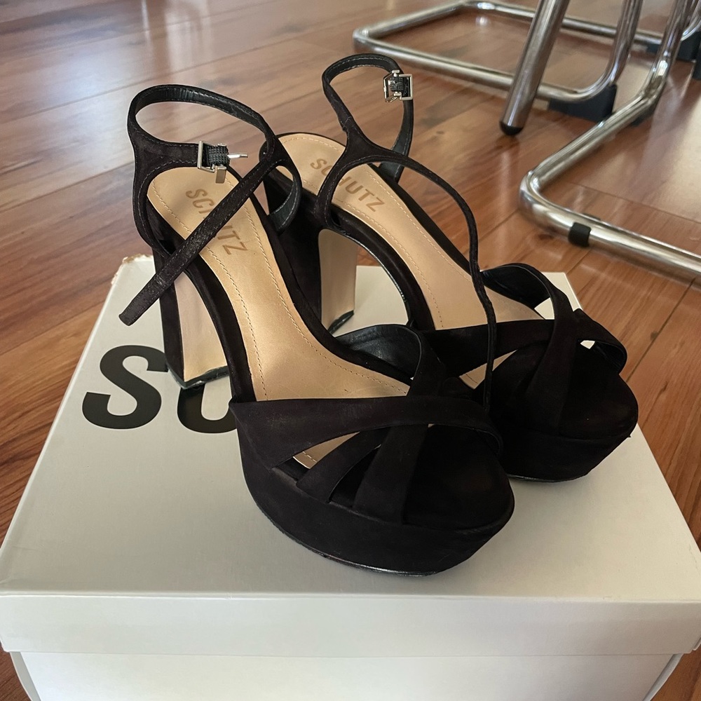 Schutz Platform Heels Keefa Black Suede